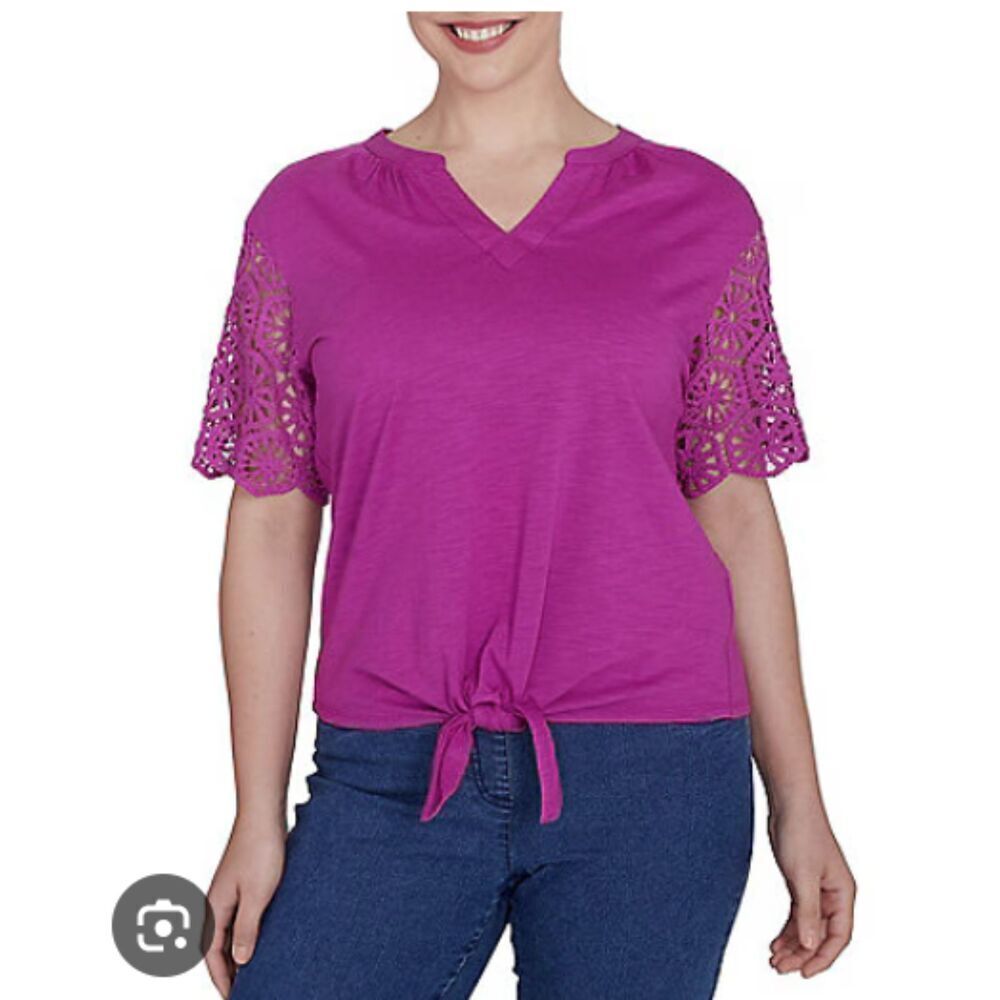 Ruby Rd. Split Neck Short Crochet Sleeve Tie-Front Tee Top size Medium Dahlia